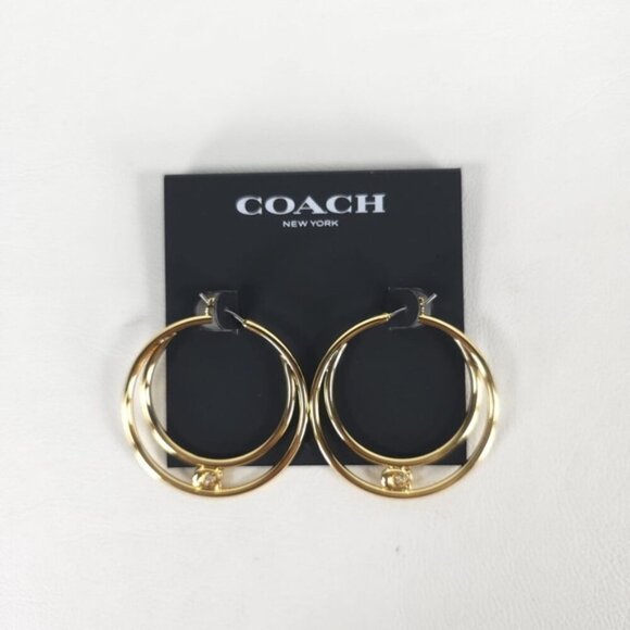 NWT COACH Women's Signature Double Hoop Gold Earrings with Cubic Zirconia Detail - Picture 7 of 11